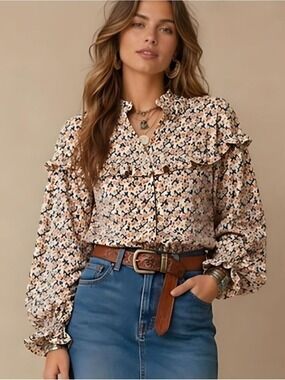 MAZIK PUFF SLEEVE RUFFLE DETAIL FLORAL LONG SLEEVE BOHO BLOUSE SIZE LARGE NWOT